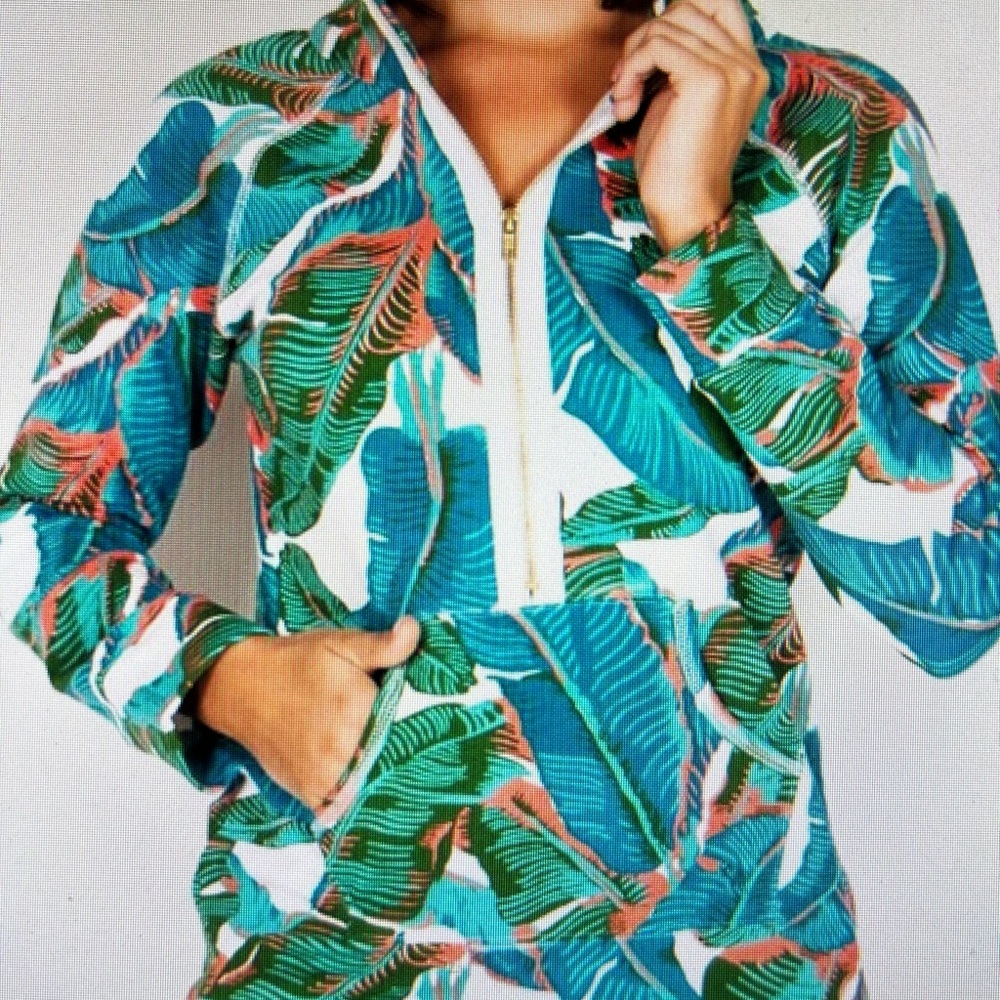 Tracy Negoshian Teal and Coral Leaf Print Zip-Up